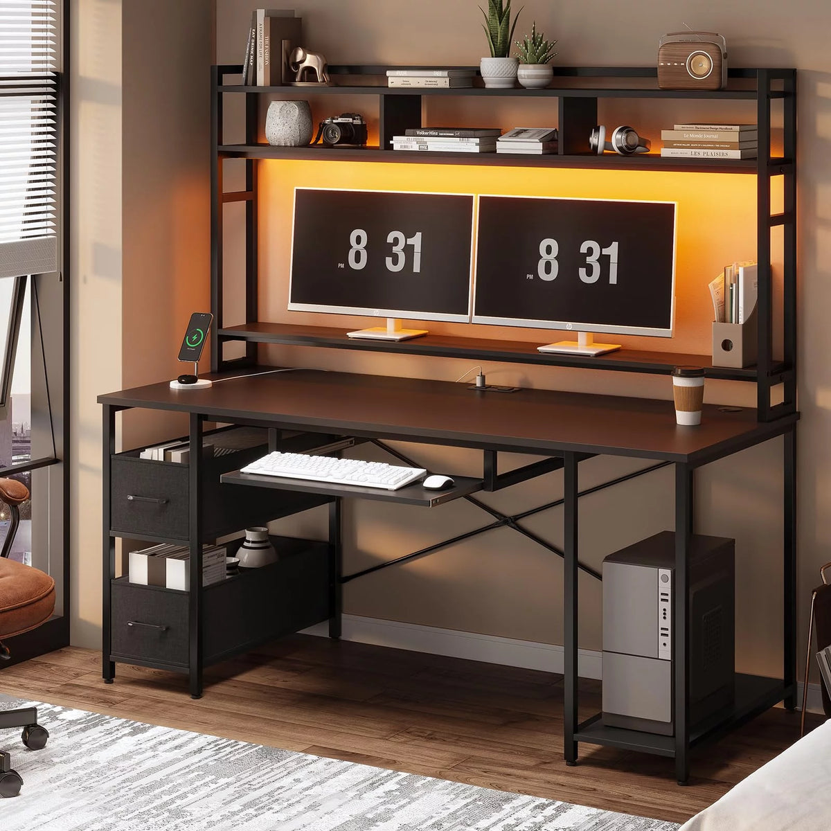 Black 55" Gaming Desk with Drawer and Monitor Stand N9349