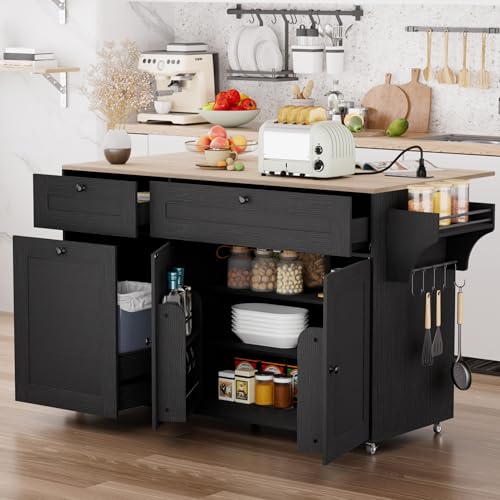 Kitchen Island on Wheels with Storage, Drop Leaf, Power Outlet, Trash Can Storage, Spice Rack, Towel Rack, Drawers N303555