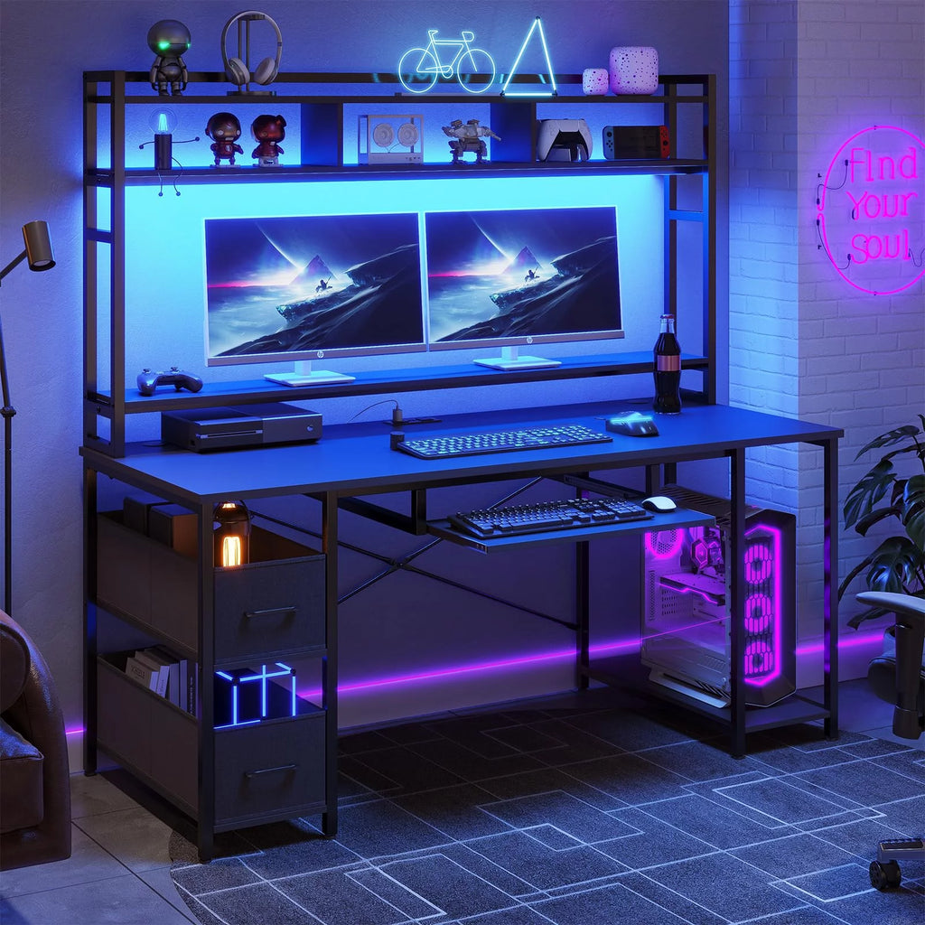 Black 55" Gaming Desk with Drawer and Monitor Stand N9349