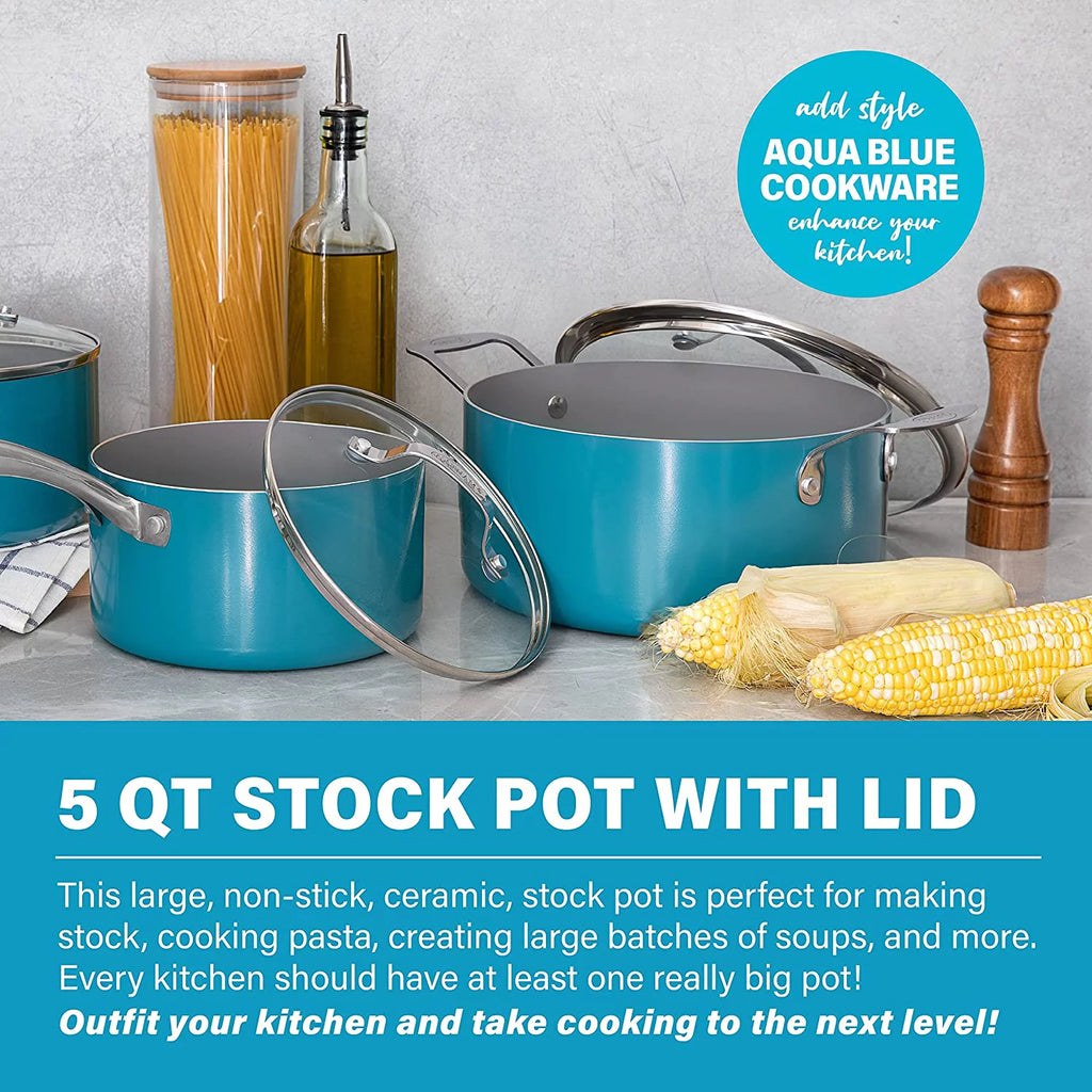 Aqua Blue Nonstick 5 Quart Stock Pot with Glass Lid K9728