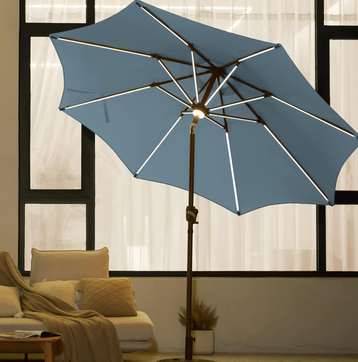 9 FT Solar LED Patio Umbrella with 16 LED Strip Lights I711