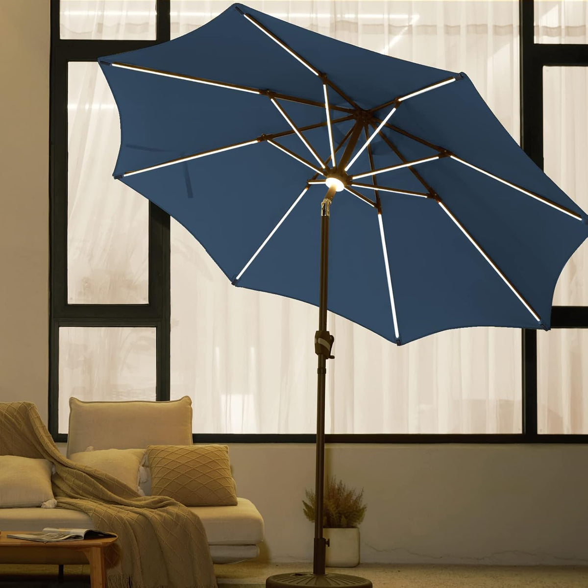 9 FT Solar LED Patio Umbrella with 16 LED Strip Lights I711