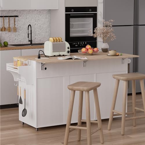 Kitchen Island on Wheels with Storage, Drop Leaf, Power Outlet, Trash Can Storage, Spice Rack, Towel Rack, Drawers N303555