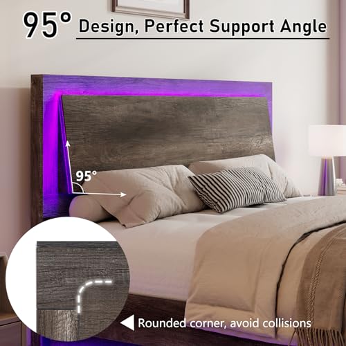 Rustic Grey Full Size Platform Bed Frame with Headboard and LED Light P580464