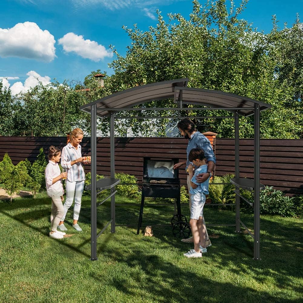 8'x5' Steel Frame Double-Tier Polycarbonate Top Grill Gazebo with Shelves I4490
