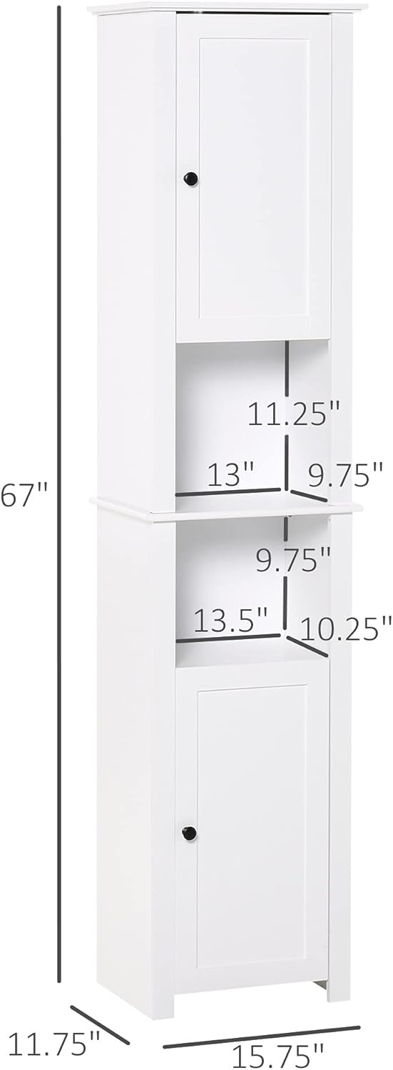White Freestanding Bathroom Storage Cabinet with 2-Tier Shelf and 2 Cupboards W85094