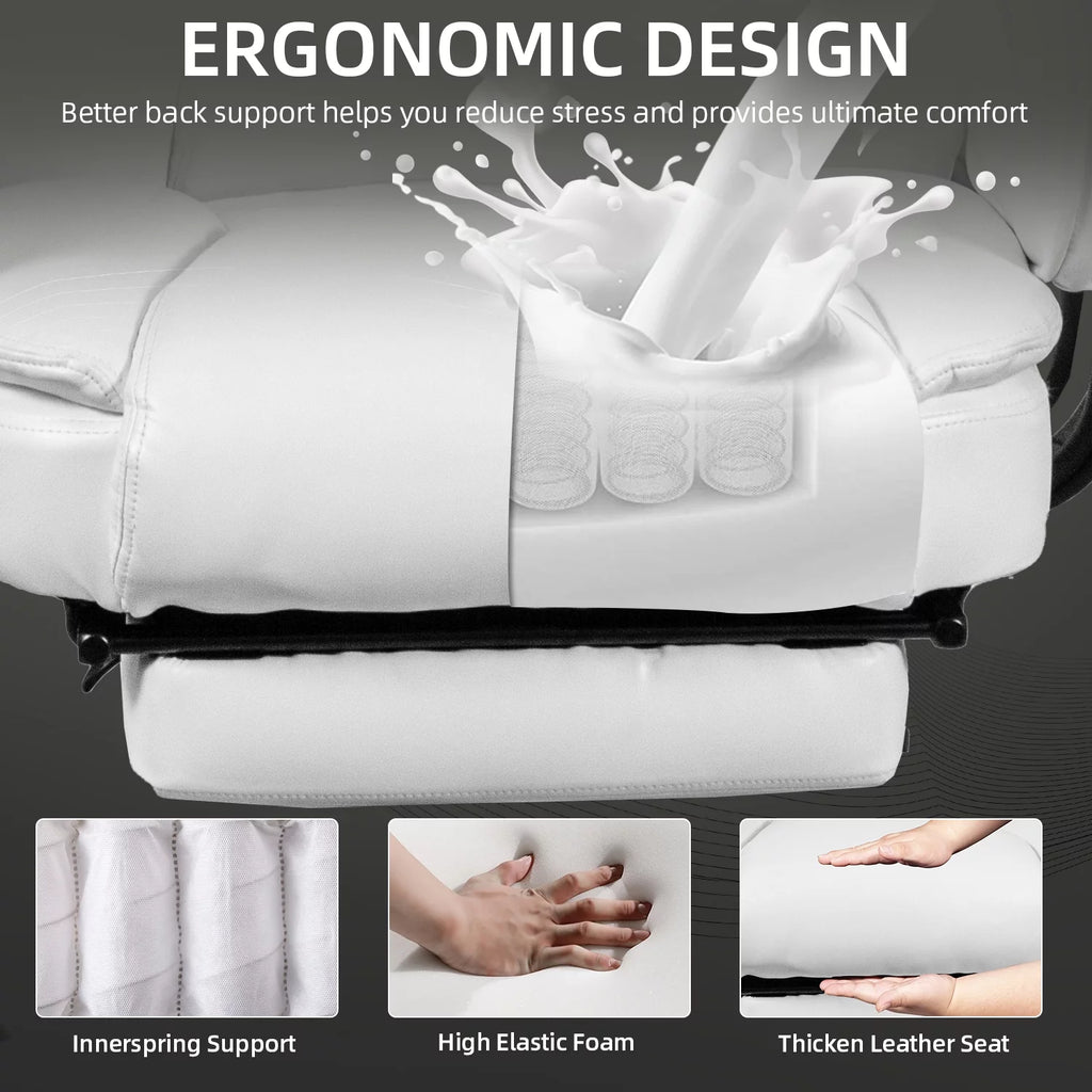 White Ergonomic PU Leather Reclining Office Chair with Footrest K197