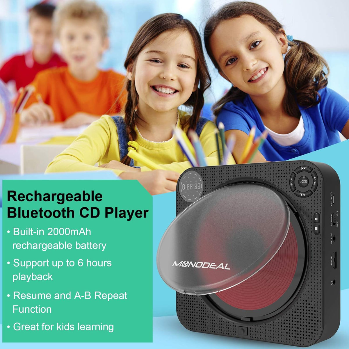CD Player with Bluetooth, Portable Rechargeable, Built-in Speakers, Remote Control, Built-in FM Radio P989013