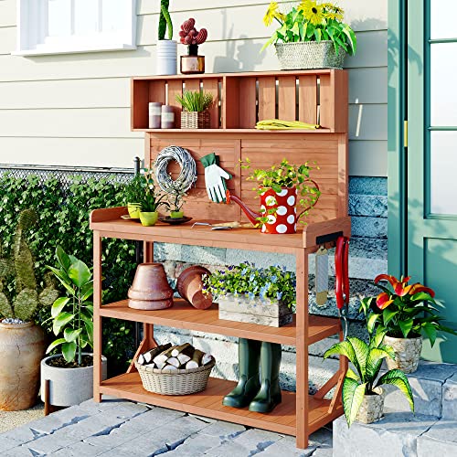 Green Wooden Potting Bench Table with Storage Shelves N41264