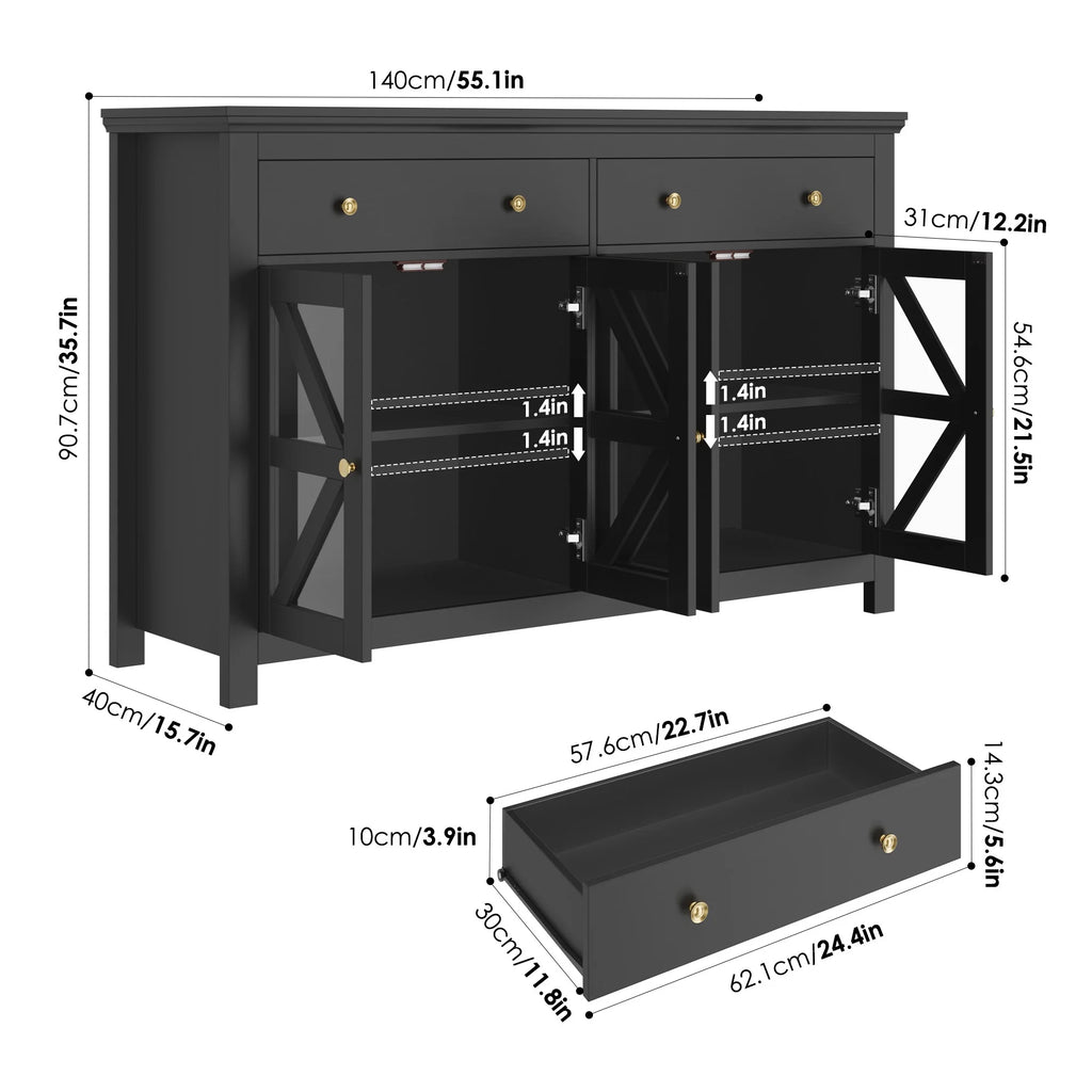 Black Buffet Cabinet with Glass Doors and Drawers Y609