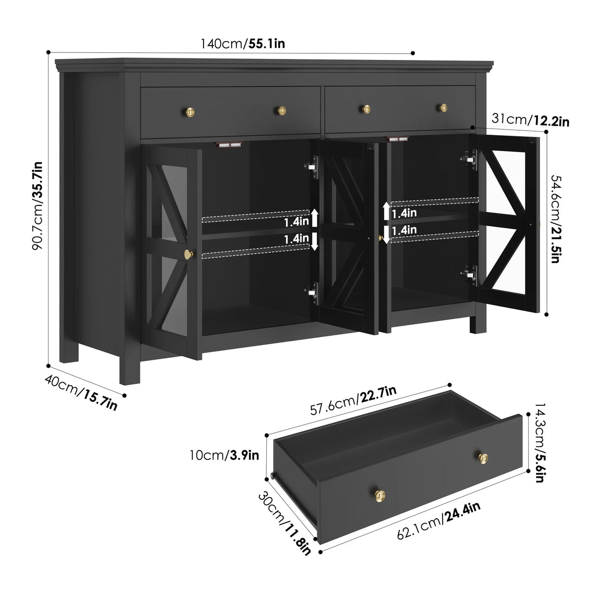 Black Buffet Cabinet with Glass Doors and Drawers Y609