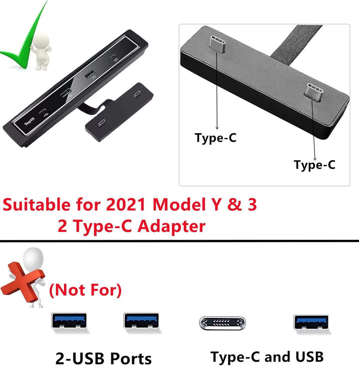 Black Pack of 2 USB Hub Center Console Adapter for Tesla Model Y Model 3 T385728