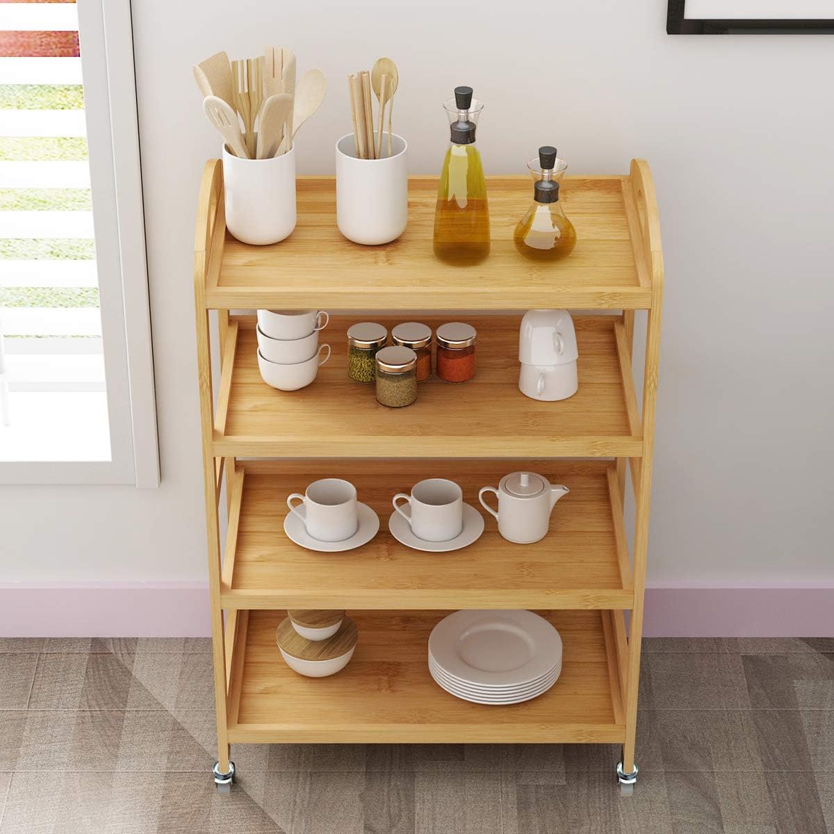 4-Tier Bamboo Storage Utility Cart with Wheels R2368