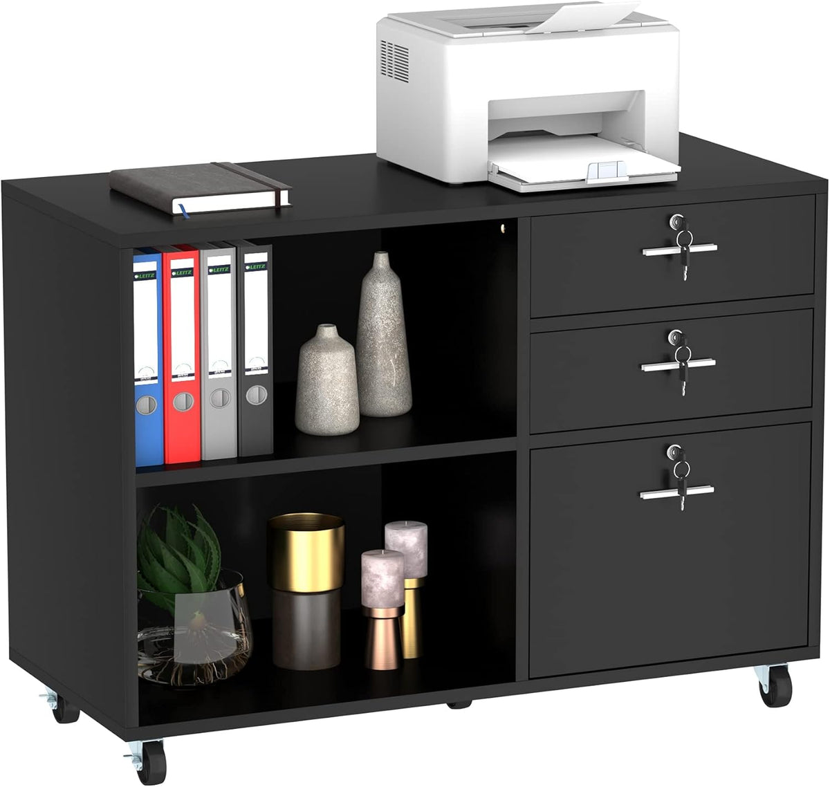 White 3 Drawer Wood Lateral File Cabinet with 2 Open Shelves T899719