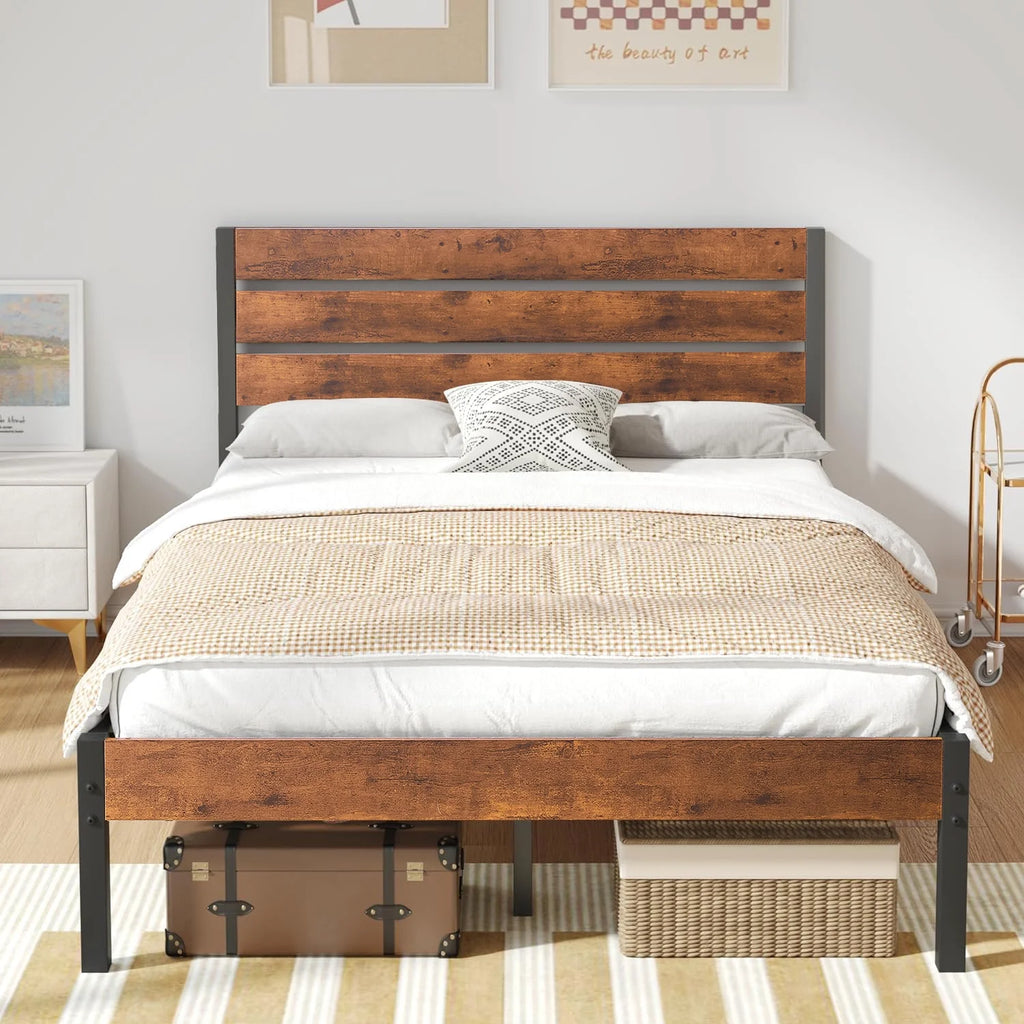 Queen Bed Frame with Wooden Headboard and Metal Slats J50116