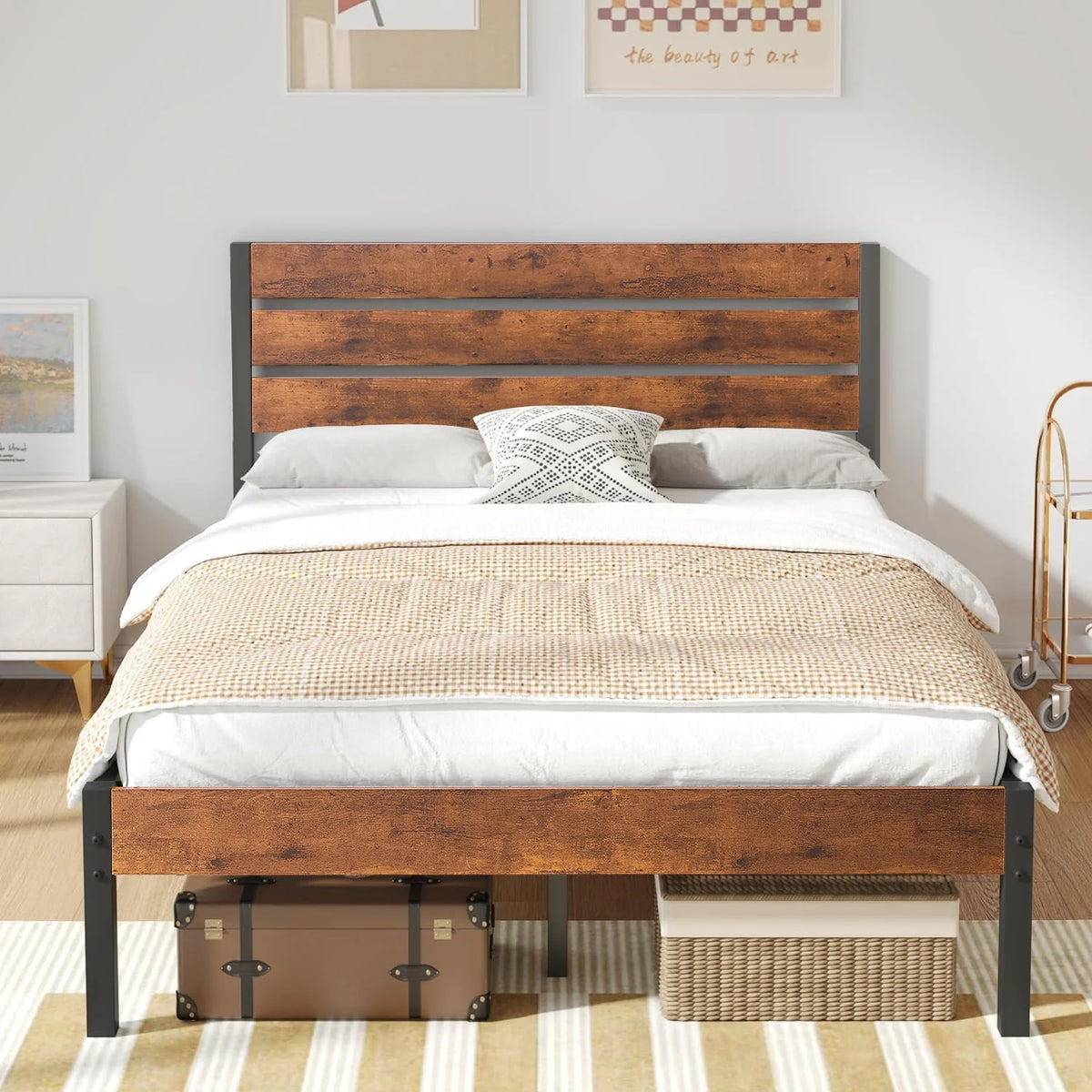 Queen Bed Frame with Wooden Headboard and Metal Slats J50116