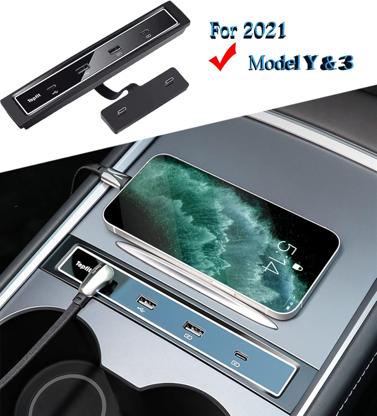 Black Pack of 2 USB Hub Center Console Adapter for Tesla Model Y Model 3 T385728