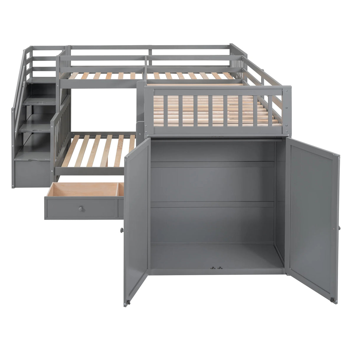 Twin-Twin Over Full L-Shaped Bunk Bed with Wardrobe and Desk V8778