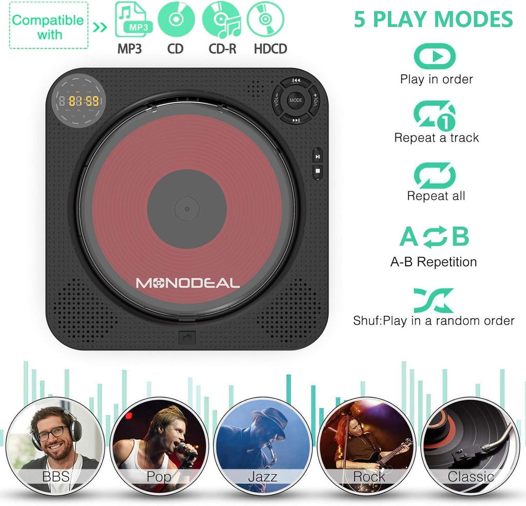 CD Player with Bluetooth, Portable Rechargeable, Built-in Speakers, Remote Control, Built-in FM Radio P989013