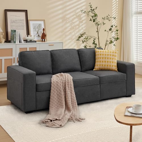 80'' Grey Linen 3-Seater Sofa with Side Pocket Y181614