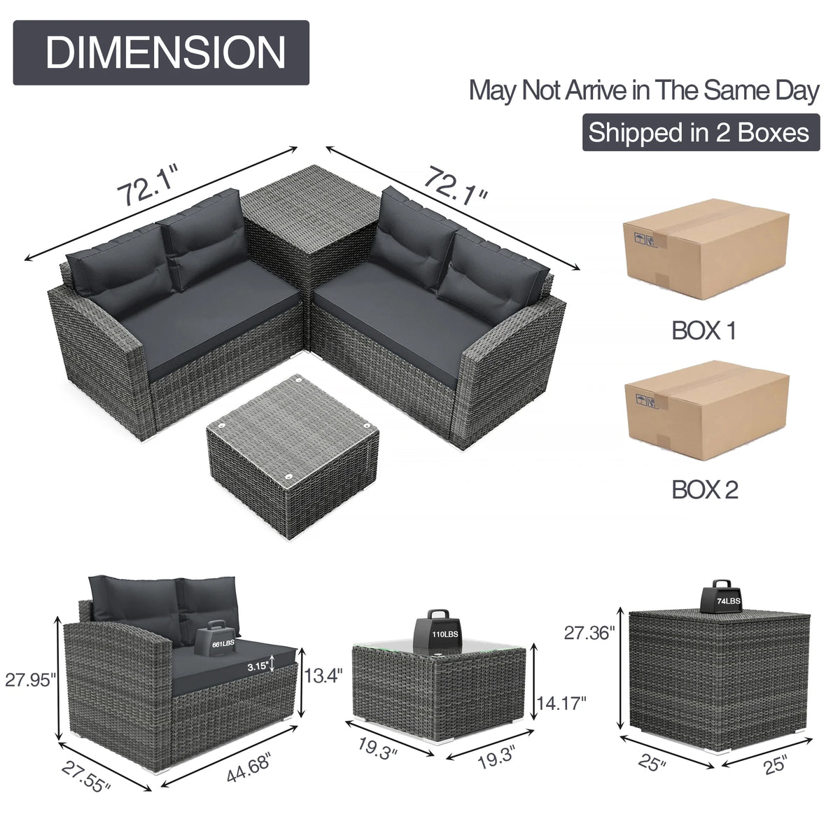 4Pcs All-Weather Rattan Wicker Patio Furniture Set with Storage Box & Table O595003