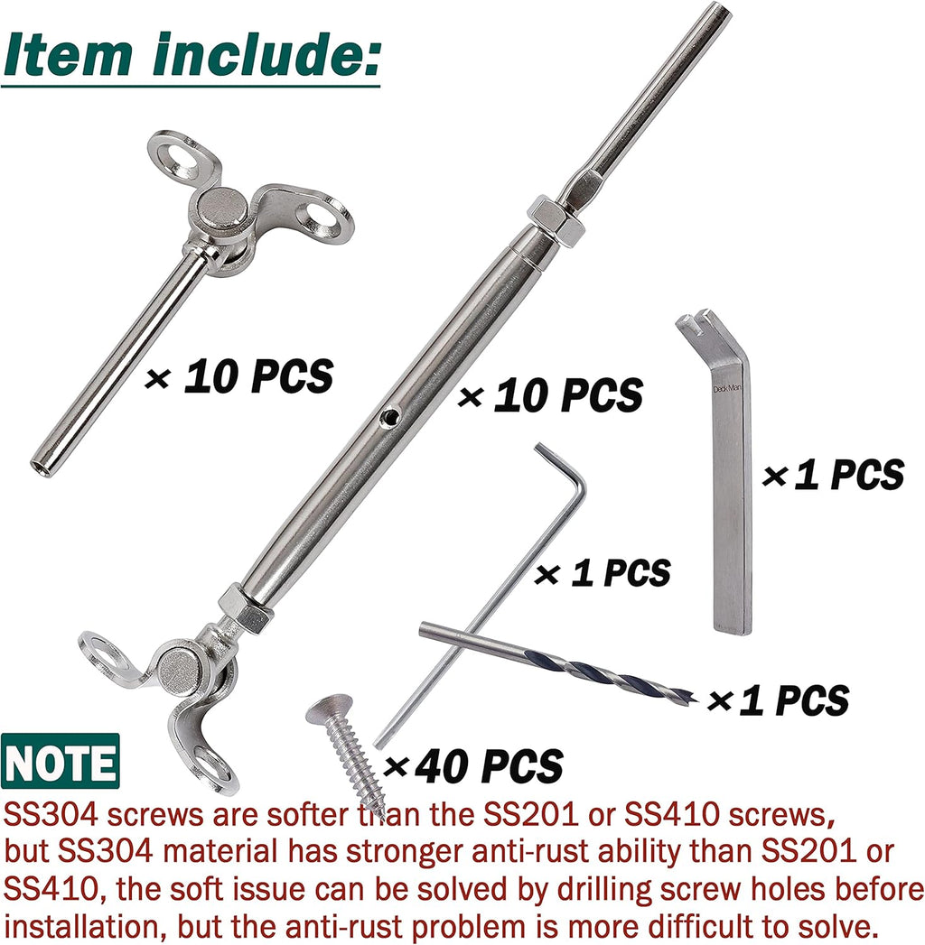 T316 Stainless Steel Adjustable Angle 1/8 Cable Railing Kit Hardware 10 Pack B9472