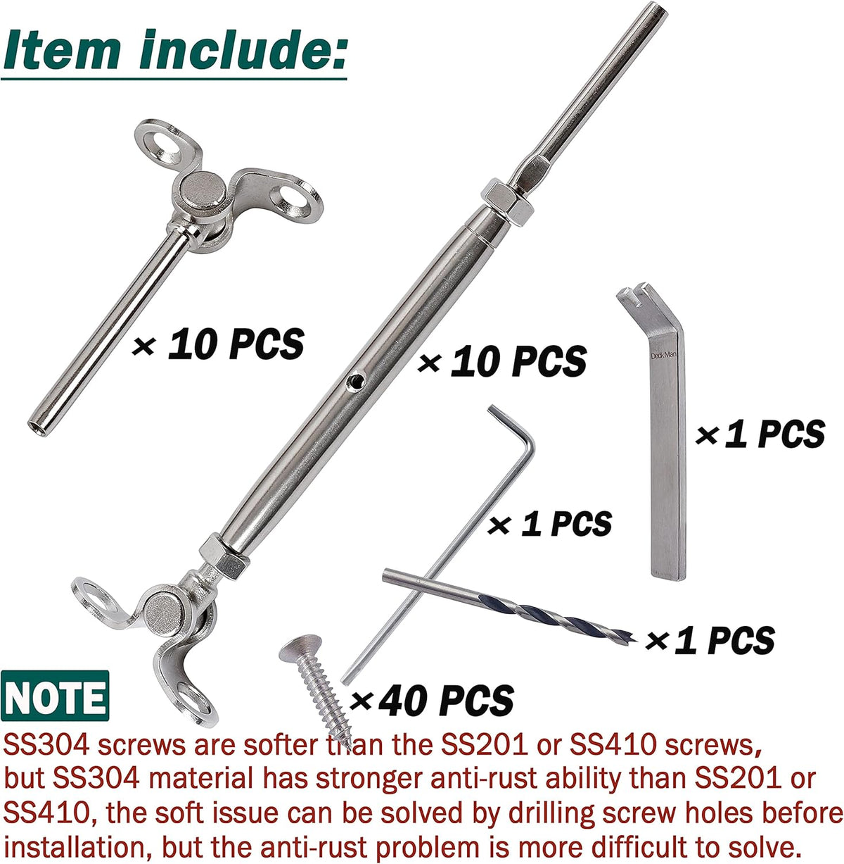 T316 Stainless Steel Adjustable Angle 1/8 Cable Railing Kit Hardware 10 Pack B9472