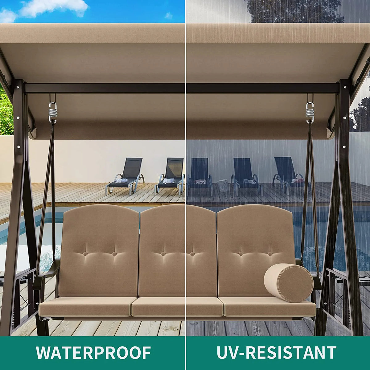 Brown 3-Seat Steel Frame Porch Swing with Canopy and Cushions K9686