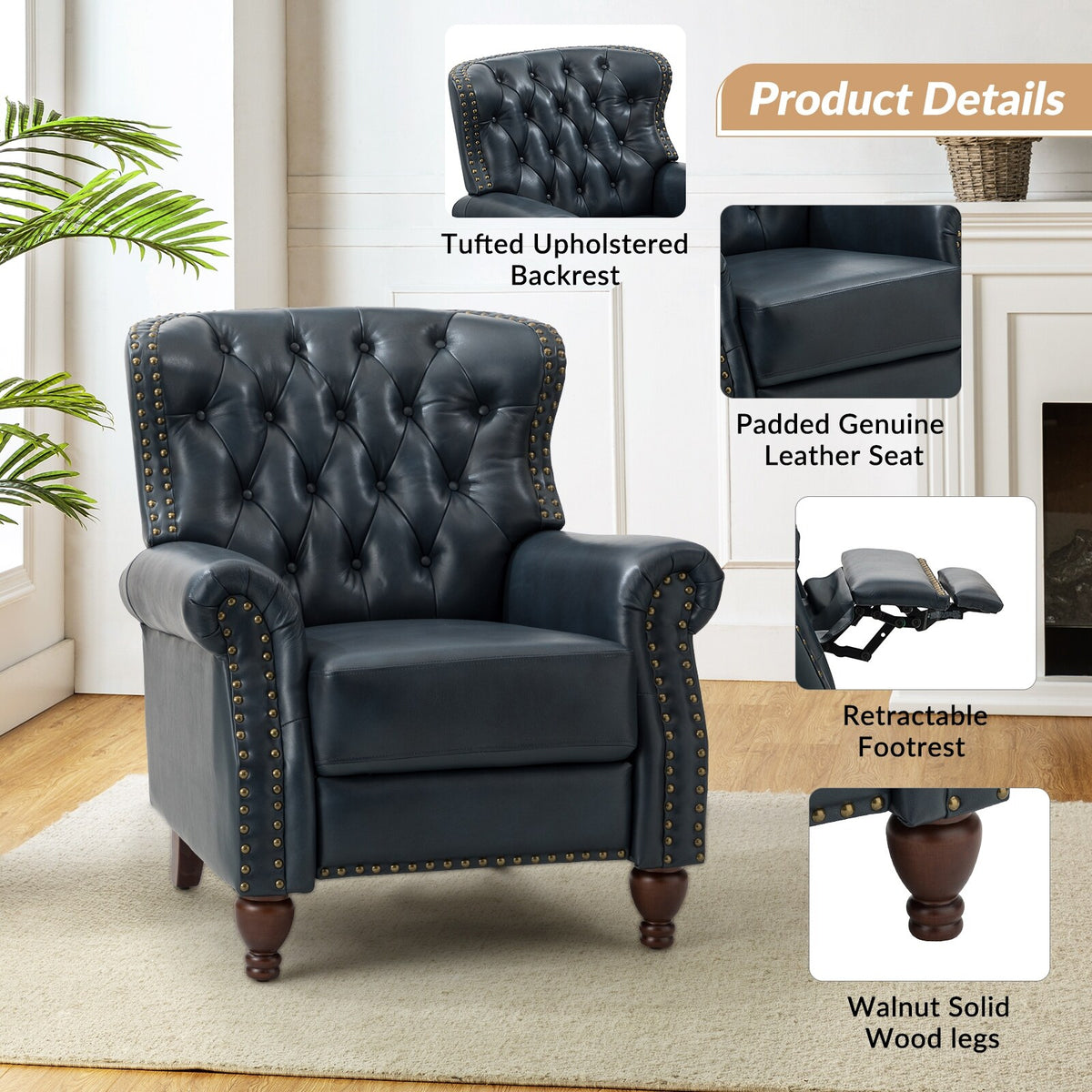 Navy Genuine Leather Tufted Manual Recliner Set of 2 Q10436