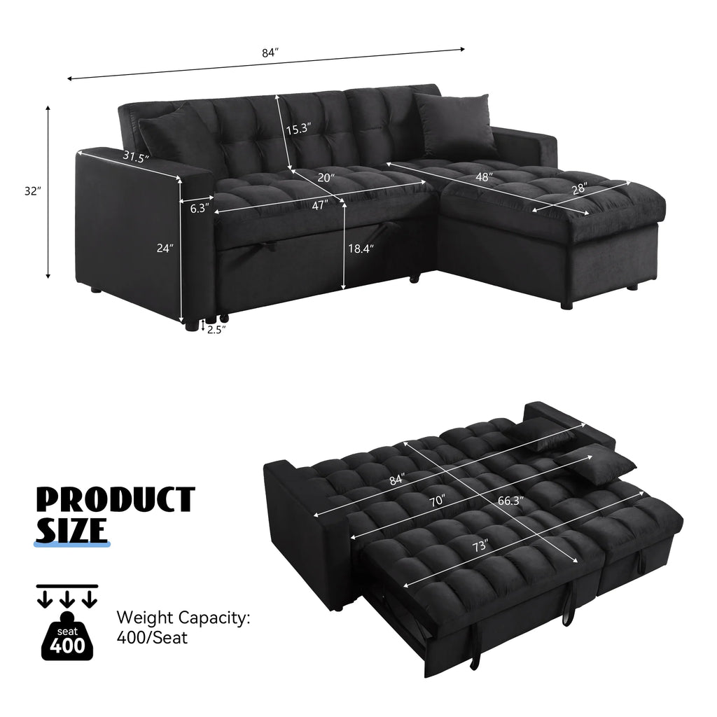 84" Black Velvet Convertible Sleeper Sofa with Storage Chaise K6691
