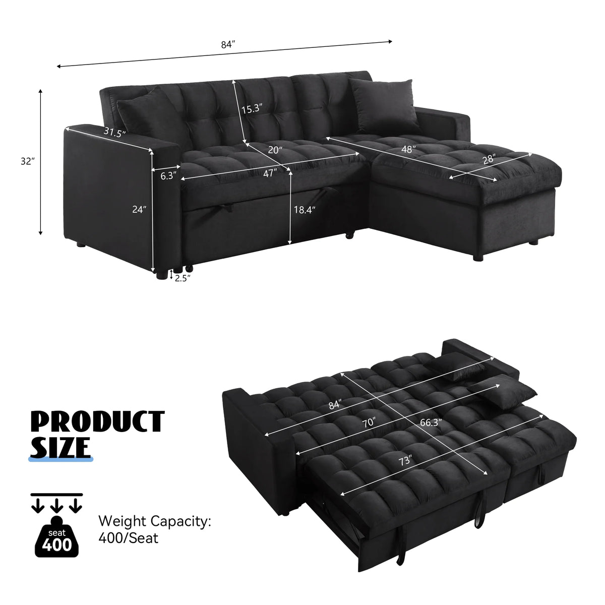 84" Black Velvet Convertible Sleeper Sofa with Storage Chaise K6691