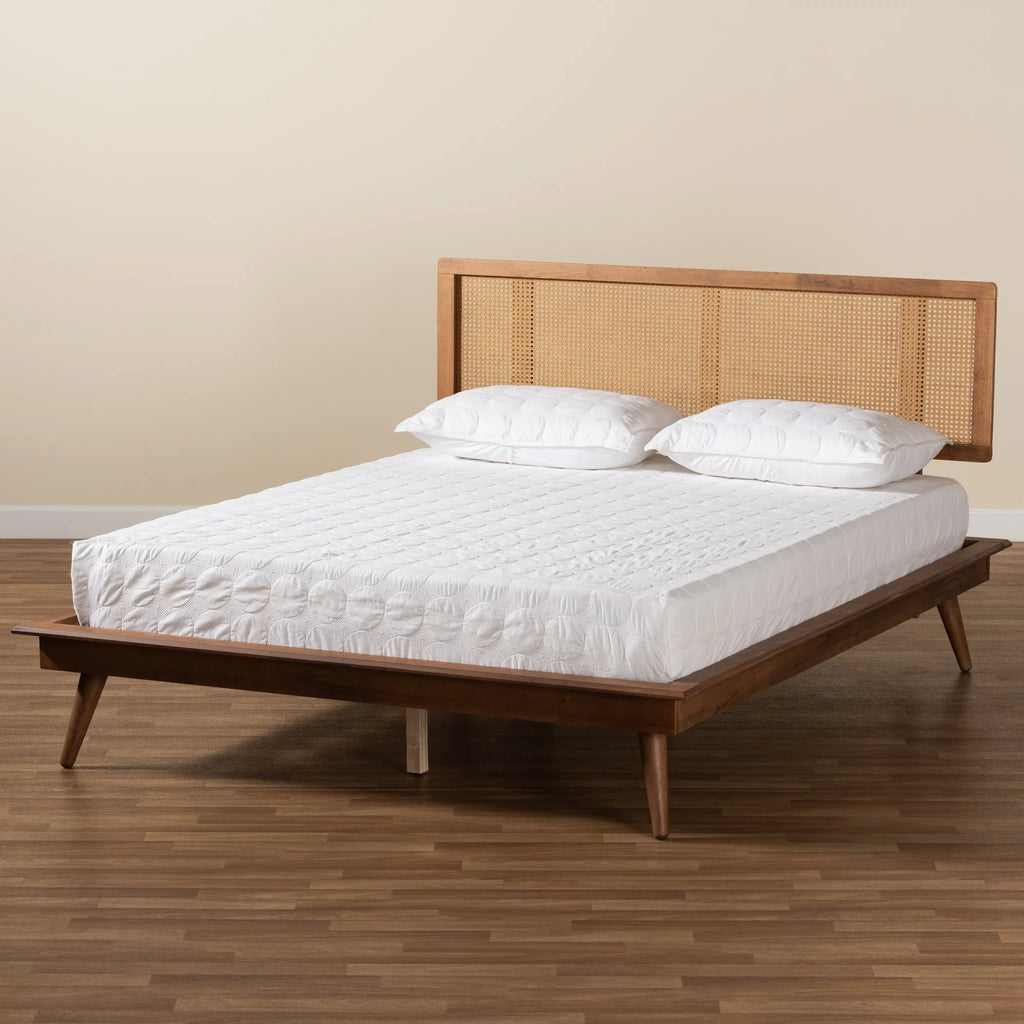 Walnut Brown Wood and Synthetic Rattan Full Size Platform Bed L905