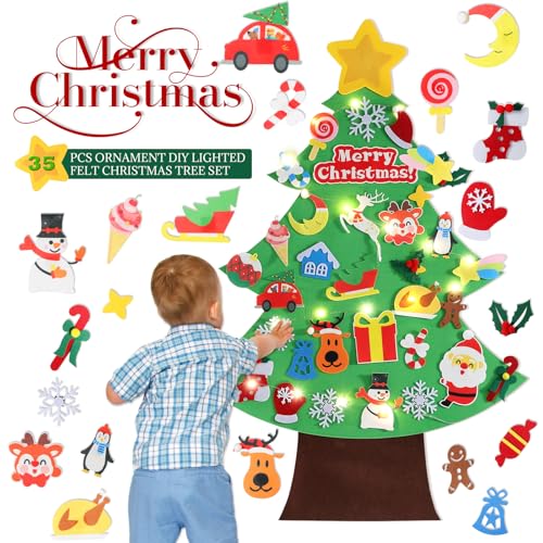 3.6 FT Felt Christmas Tree with Lights and 35 Pcs Ornaments J76366