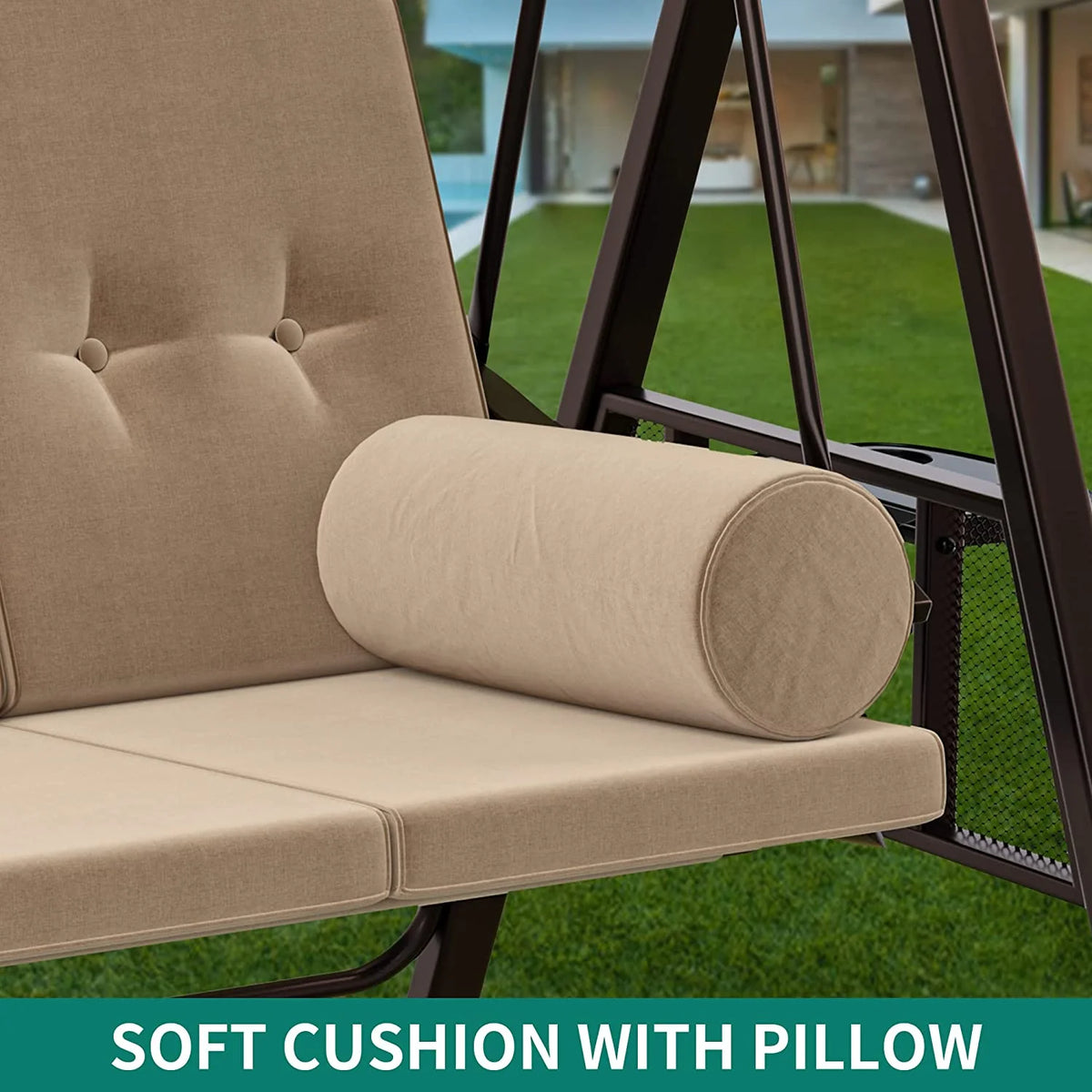 Brown 3-Seat Steel Frame Porch Swing with Canopy and Cushions K9686
