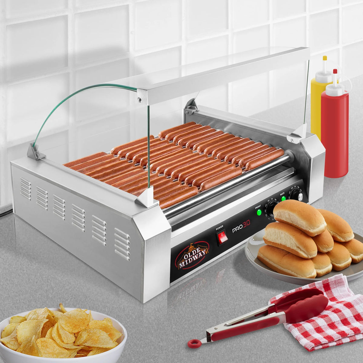 30 Hot Dog 11 Roller Grill Cooker Machine 1200-Watt With Cover F971
