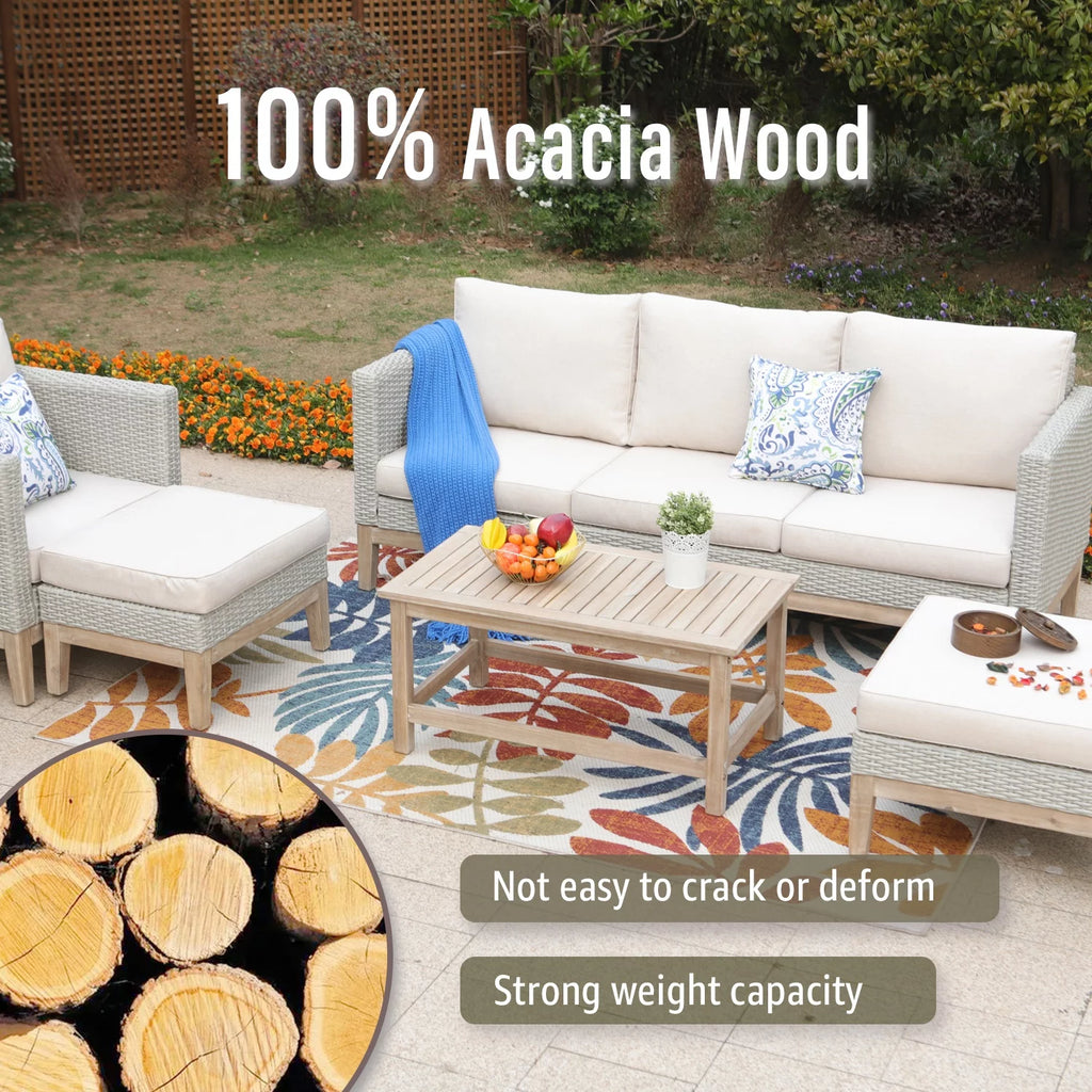 5 Pieces Wicker Patio Conversation Set with Acacia Wood Frame T329