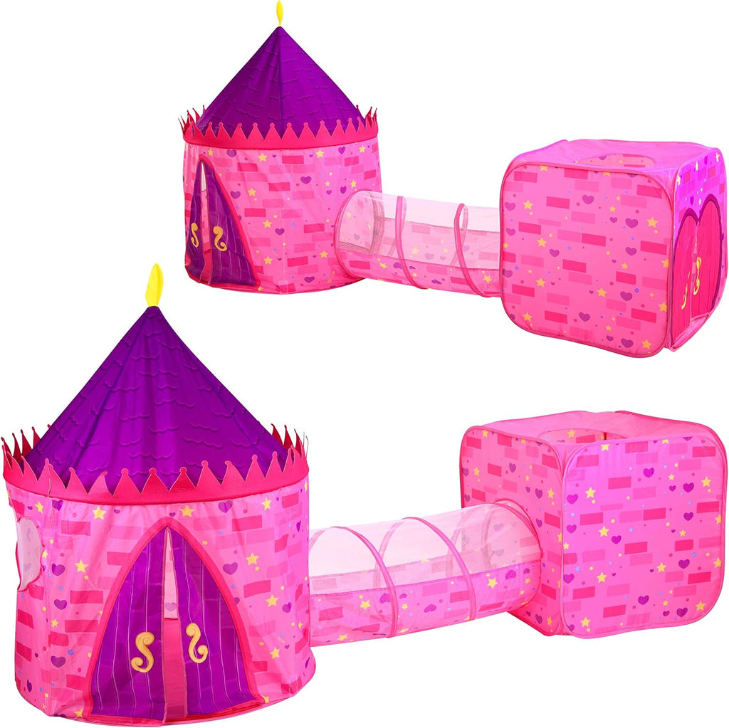 Pink Castle Play Tent with Pop Up Tunnel and Playhouse Kids Indoor Outdoor Play Tent Set S441