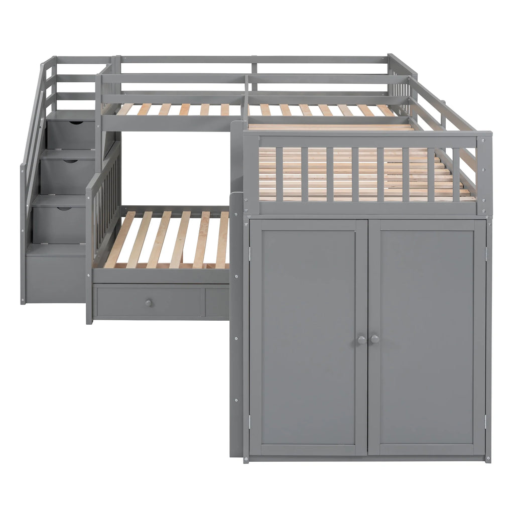 Twin-Twin Over Full L-Shaped Bunk Bed with Wardrobe and Desk V8778
