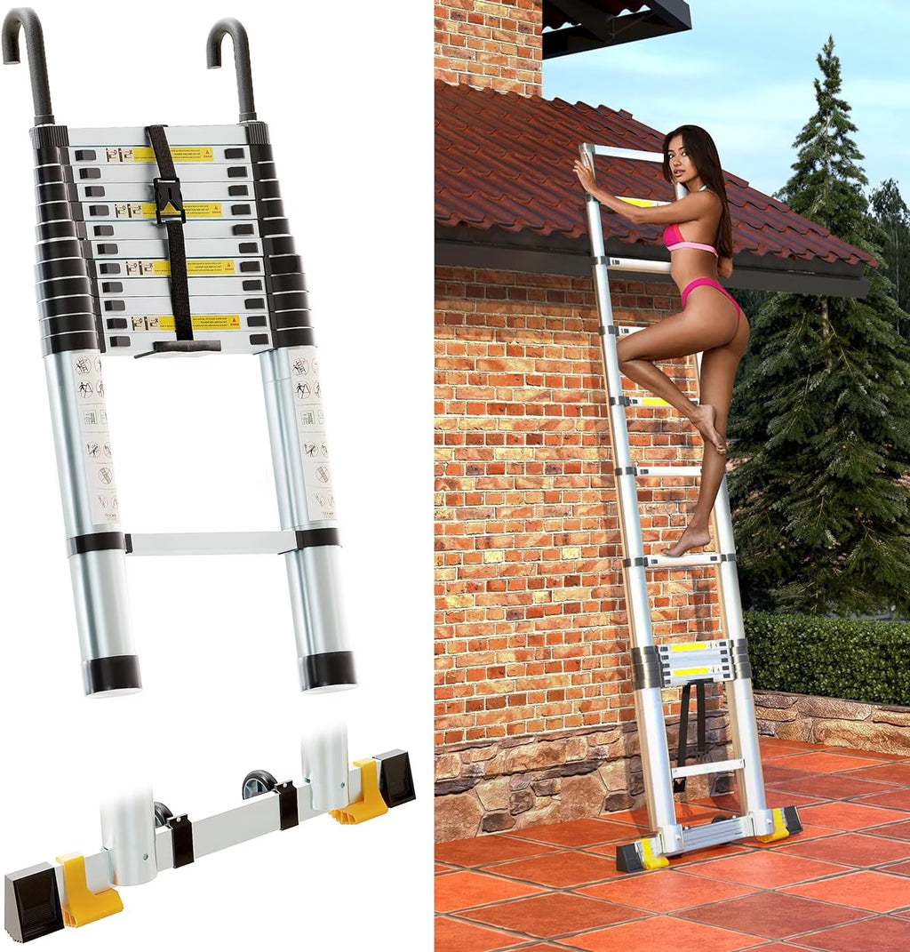 Folding Telescoping Ladder 12.5 FT Aluminum Extendable Ladder with 2 Detachable Hooks T13660