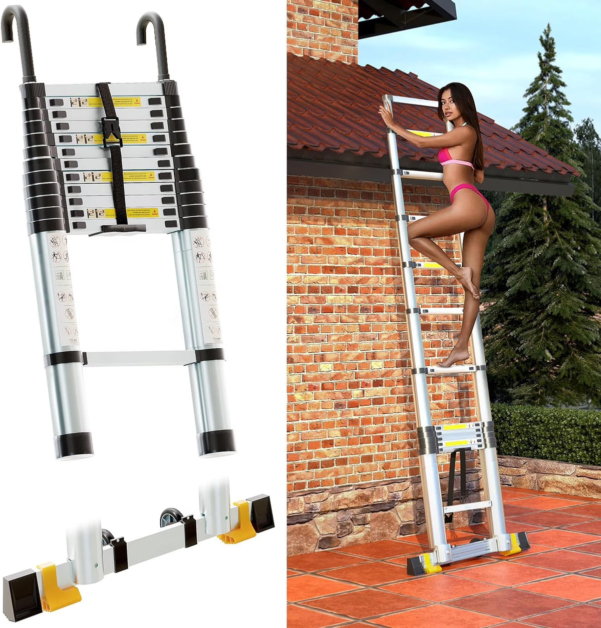 Folding Telescoping Ladder 12.5 FT Aluminum Extendable Ladder with 2 Detachable Hooks T13660