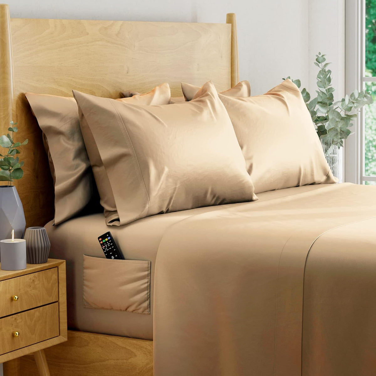Ivory 6 pcs Queen Eucalyptus Lyocell Sheet Set with 2 Side Pockets P95441