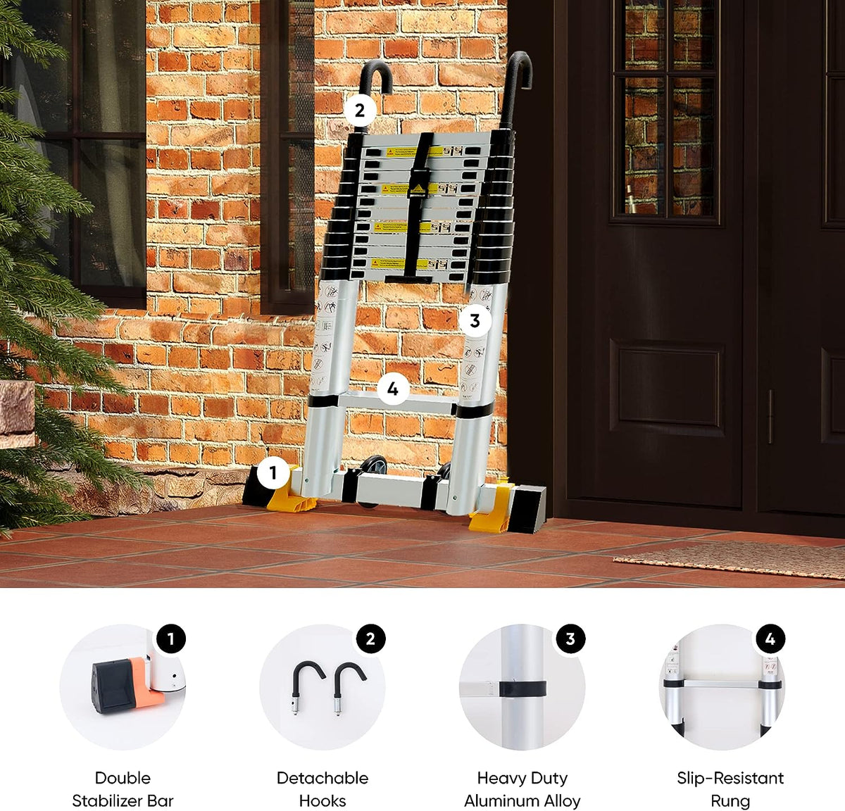 Folding Telescoping Ladder 12.5 FT Aluminum Extendable Ladder with 2 Detachable Hooks T13660