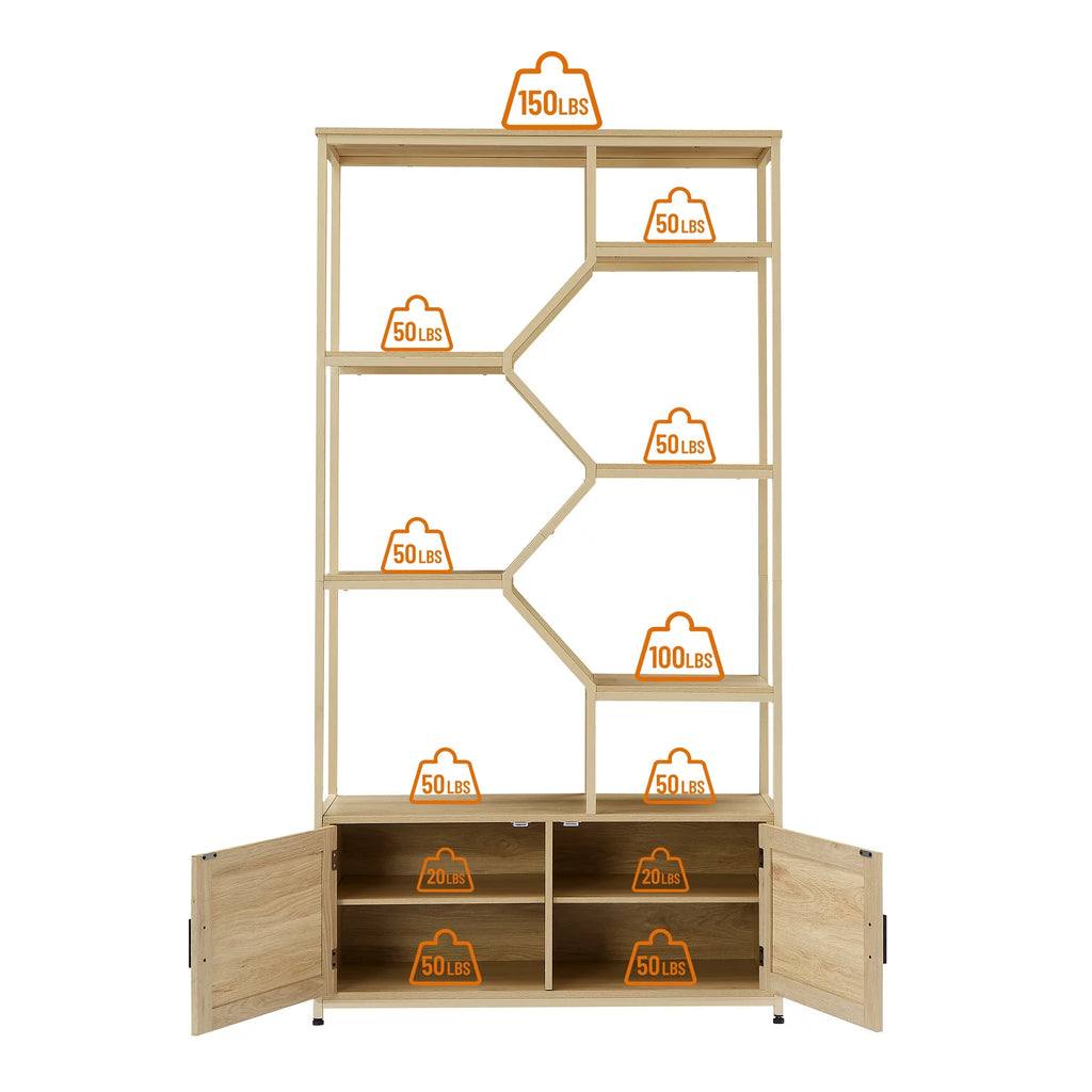 7 Tiers Wood Bookcase with Cabinet and Rattan Door W43080