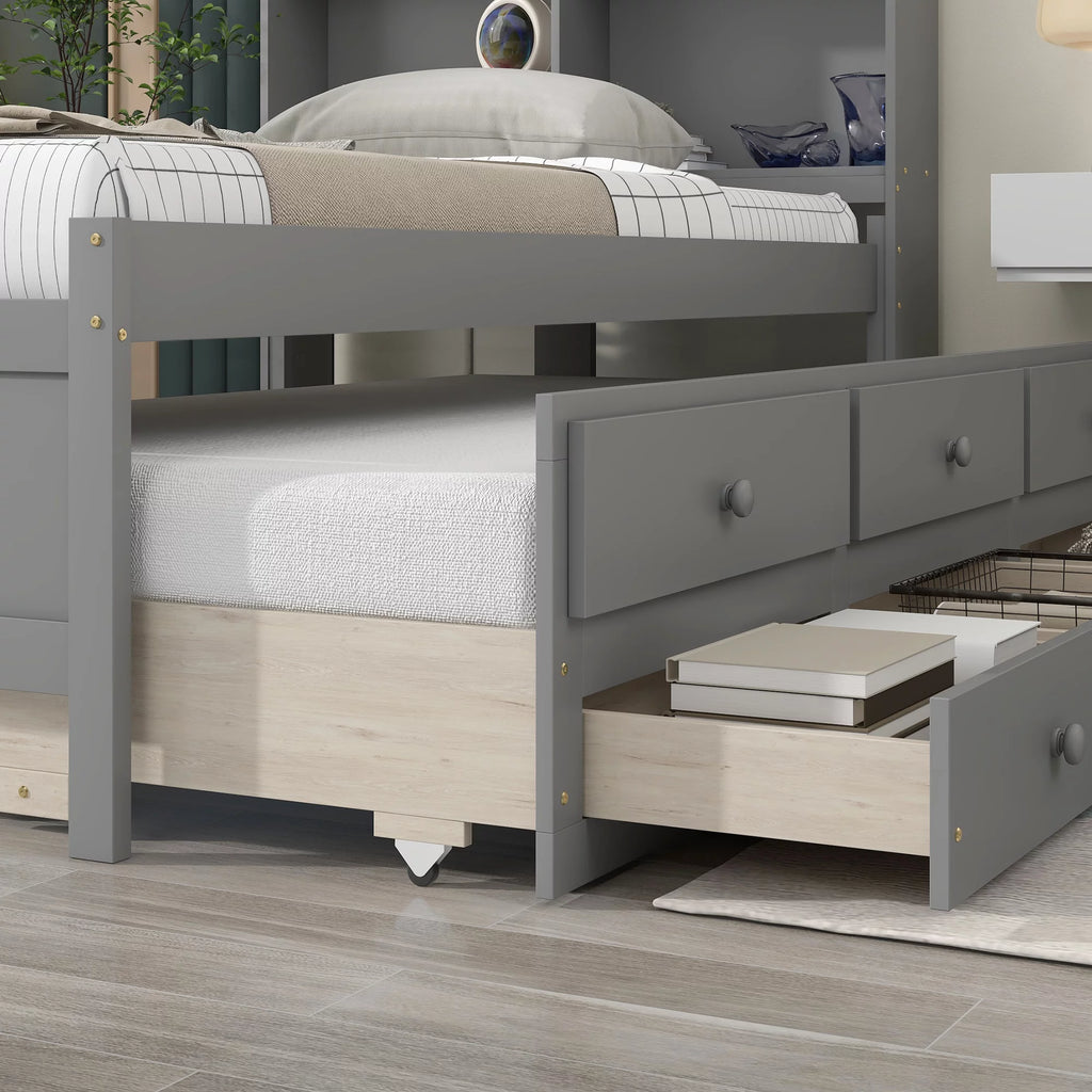 Twin Size Wooden Platform Bed with Trundle and 3 Storage Drawers A570