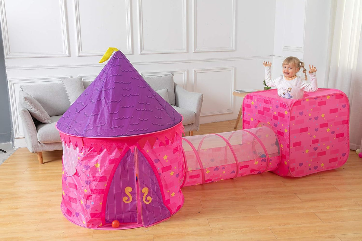Pink Castle Play Tent with Pop Up Tunnel and Playhouse Kids Indoor Outdoor Play Tent Set S441