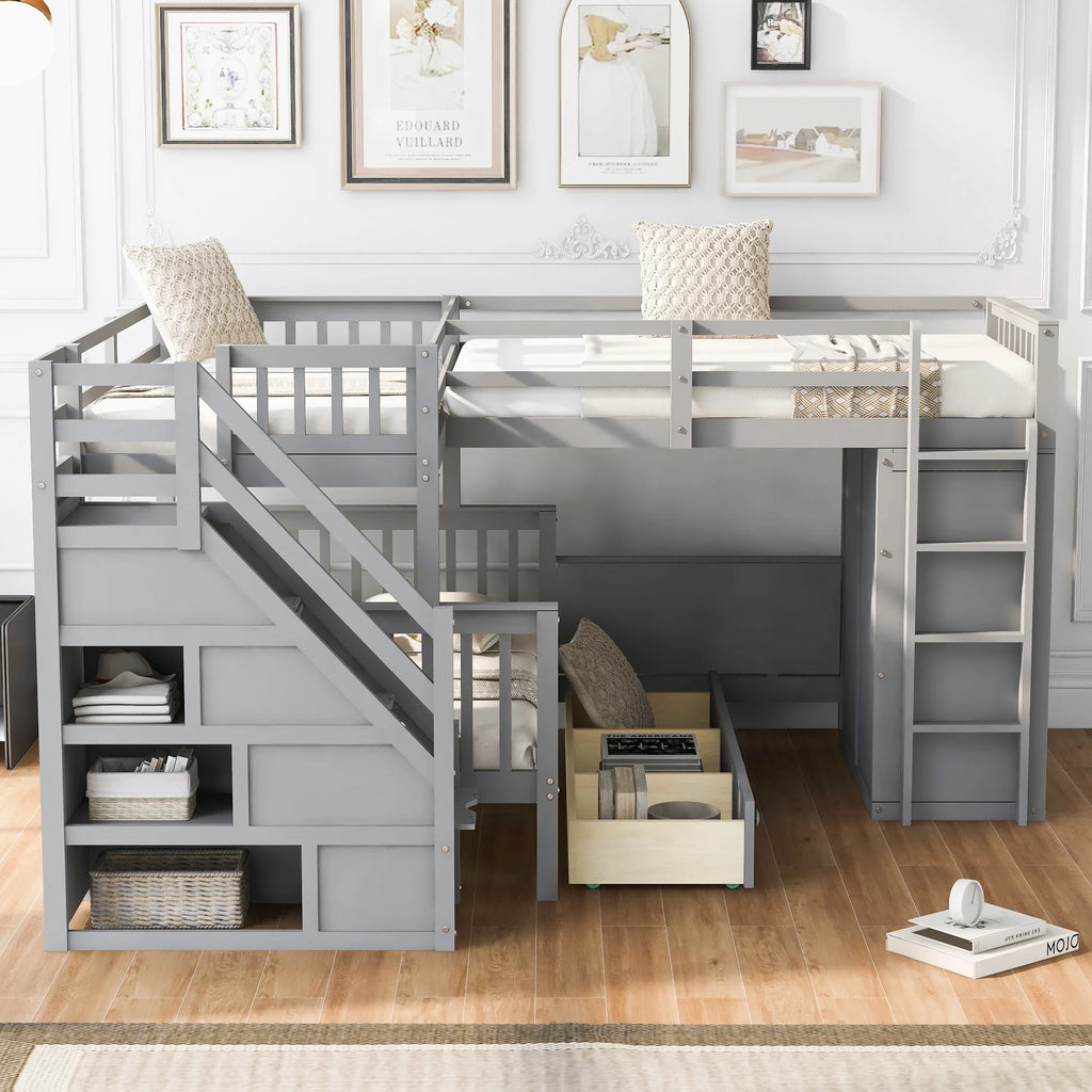 Twin-Twin Over Full L-Shaped Bunk Bed with Wardrobe and Desk V8778
