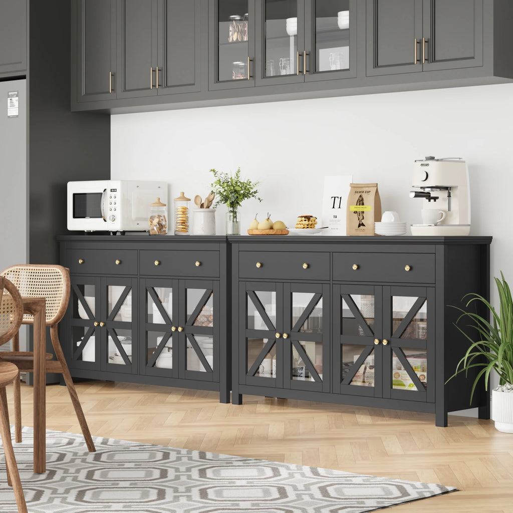 Black Buffet Cabinet with Glass Doors and Drawers Y609