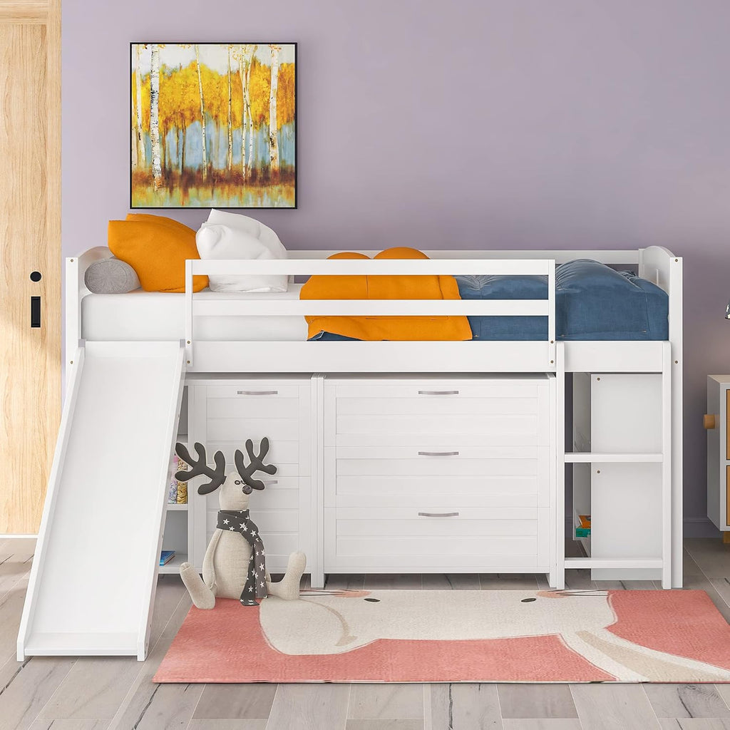 Twin Loft Bed with Desk and Cabinet Wooden Bunk Bed N1571