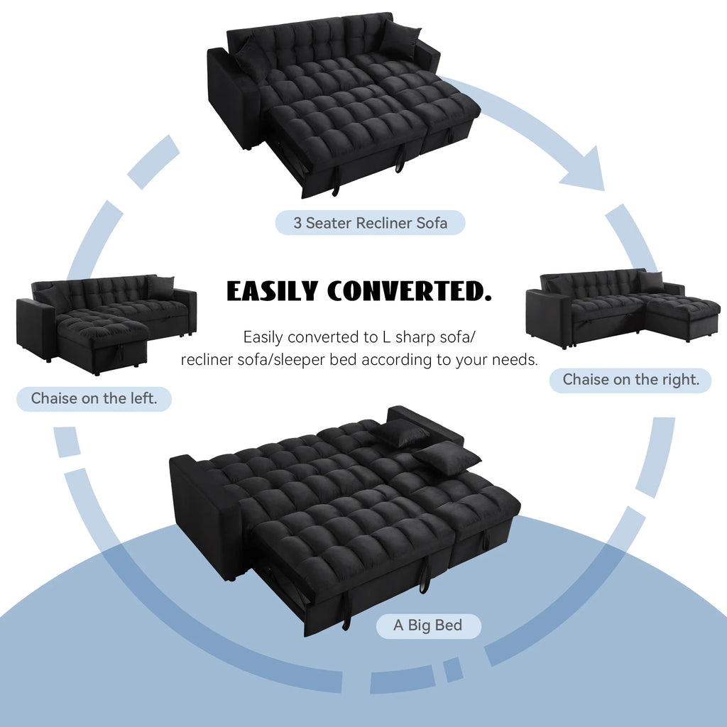 84" Black Velvet Convertible Sleeper Sofa with Storage Chaise K6691