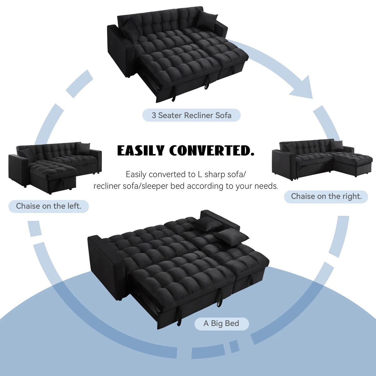 84" Black Velvet Convertible Sleeper Sofa with Storage Chaise K6691